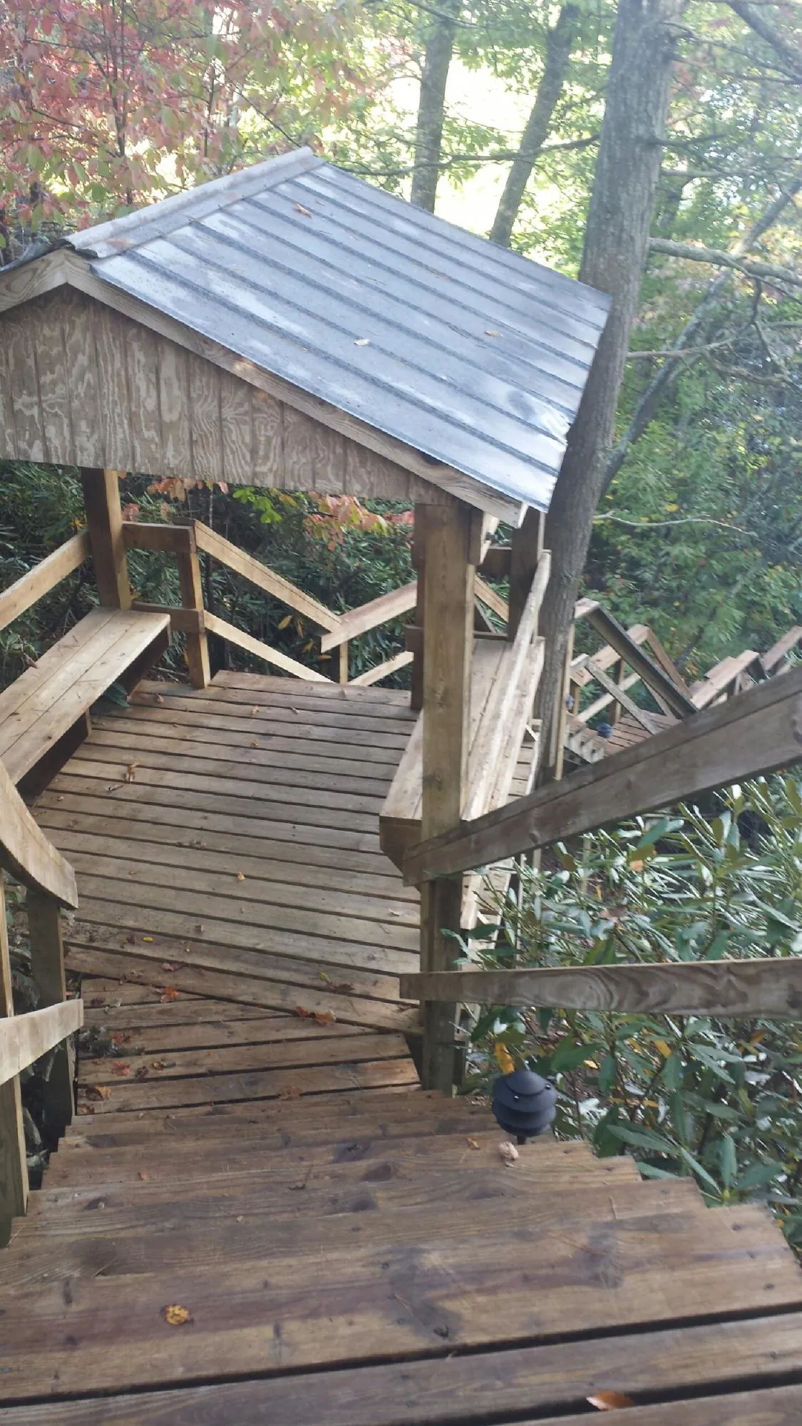 Metal roofed shelter over wooden steps on a wooded walkway — Skylight Repair & Installation work by our crew in Michigan Center